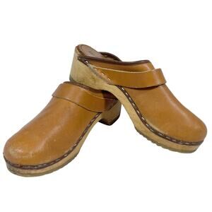 Vintage Tretorn ABBA Wooden Slippers Clogs Women 5 (35) Tan Leather Sweden 1970